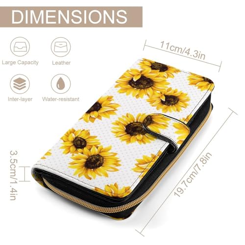 Nugier Women Soft PU Leather Wallet, Zipper Card Case Clutch Credit Bills Money Crash Coin 7.8x4.3x1.4 in Holder Purse Print Seamless Sunflowers on Polka Dots2
