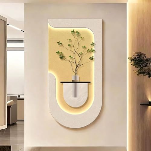 Esculturas de Pared Grande Salon Arenisca Moderna 3D con Luz Led, Decoracion pared con Jarrón y Plantas Artificiales, Murales Decorativos Pared Creativo(Green,50 * 100cm/19.7 * 39.4in)