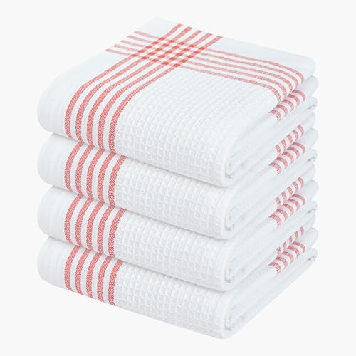 Image of Waffle White & Red Kitchen Dish Towels, Set of 4, 100% Cotton 16x26 inches, Absorbent Tea Towel, Multi-Purpose Hand Cleaning Towel, Strong and Reusable Dish Cloths for Drying Dishes