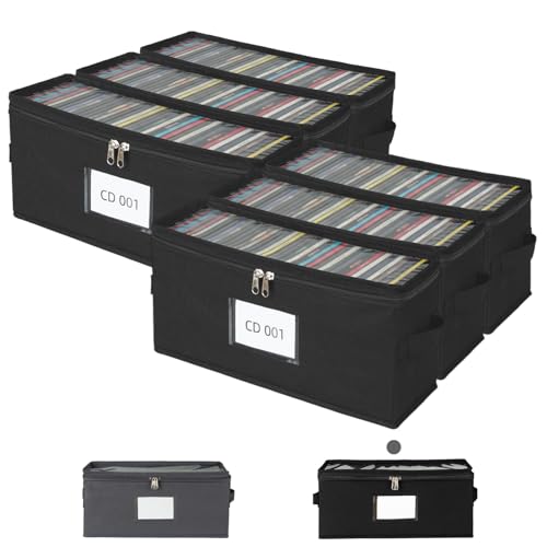 ComfortKeeper 6 Pack Fabric CD Storage Box with Clear PVC Lid, Holds 35 Standard CD Cases, Zipper Closure for Dust Protection, Portable CD Organizer for Music Collection, Black