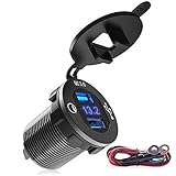 MICTUNING Quick Charge 3.0 Car Charger 12V-24V 36W Waterproof Aluminum Dual USB Socket with LED Digital Voltmeter and Wire Fuse kit for Car Marine, Boat, Motorcycle, Truck and More