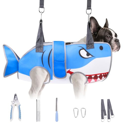 Cherishelt Dog Grooming Hammock for Small Dogs Cats, Cute Shark Design Dog Hanging Harness for Nail Trimming/Clipping, Pet Sling with Grooming Kit and Thick Neck Support & Strap Restraint Claw Care,XS