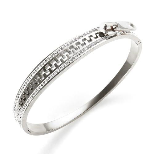 OWNCOOL Crystals Zipper Charm Bangle Bracelet Stainless Steel Belt Bangle Golden Elegant Wedding Party Jewelry For Women Men Silver