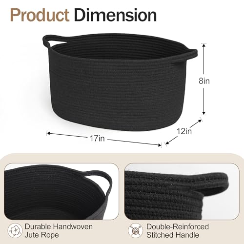 Image of MEGASKET Black Woven Storage Basket, 17 inchx12 inchx8 inch Cotton Rope Baskets for Organizing Dog Toy, Gift, Book, Towel, Cloth, Shoe, Decorative Wicker Storage Bin for Shelves, Closet, Bathroom, Living Room