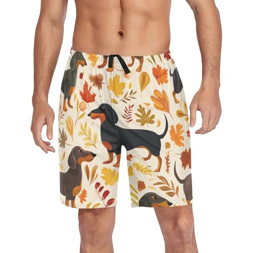 Autumn Leaves Dachshund Print Pajama Bottom Shorts for Men Soft Casual Sleep Lounge Shorts with Pockets S-XXL