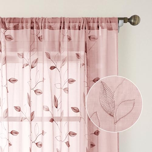 HOMEIDEAS Blush Pink Floral Sheer Curtains 63 Inches Long 2 Panels Embroidered Pattern Semi Sheer Window Curtains for Bedroom Living Room by HOMEIDEAS - Image 7