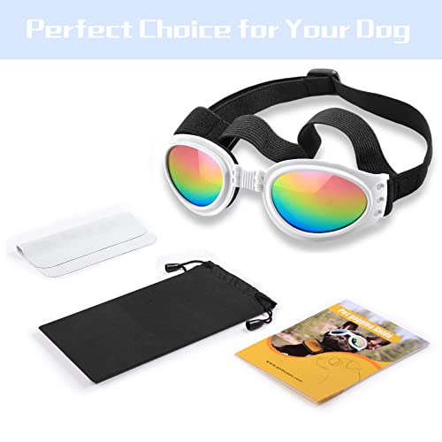 Qumy Dog Sunglasses Dog Goggles For Medium Large Breed Dogs, Wind Dust Fog Protection Eye Wear Pet Glasses With Adjustable Strap For Motorcycle Car Driving Bike Riding Hiking Swimming Over 15Lbs White #TOP5