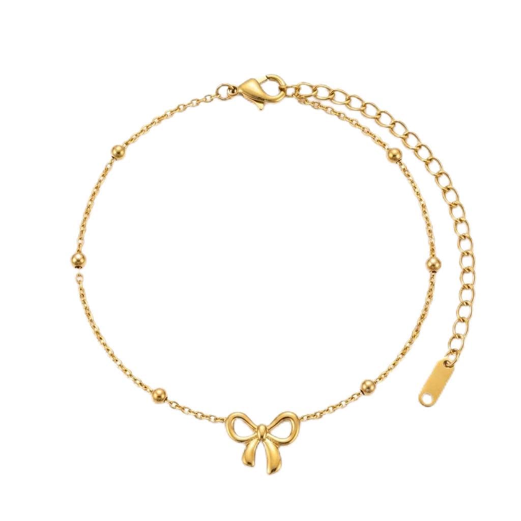 Gold Bow Charm Bracelet with Beaded Chain, Adjustable, Anti Tarnish-image-47