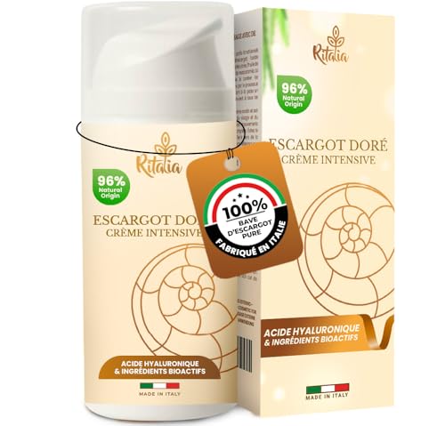 Ritalia Crème hydratante visage 100ml, clair | 80% bave d'escargot, acide hyaluronique, bio, format airless | Hydratation, régénération, soin lissant, peau lumineuse