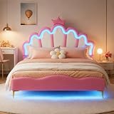 Cama Tapizada Infantil Niña 140x190 cm,Cama Infantil con LED