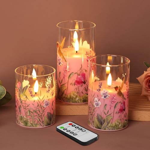 Image of Pink Hummingbird Glass Flameless Candles with Remote, Flickering LED Pillar Candles Battery Operated Set of 3, Spring Home Shelf Decor