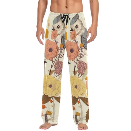 Lounge Pajama Pants for Men Retro Birds Flowers Men's Sleep Bottoms Pants with Drawstring, S