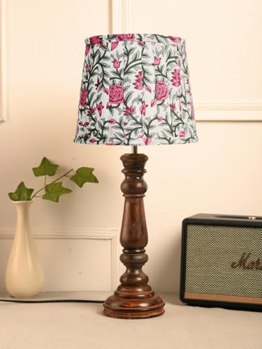 Image of Green Girgit Classic Wooden Lamp in Walnut Brown Color with Pleeted Multiolor Pink Rose Shade, Vintage Wooden Table Lamp with Floral Print Shade, Decorative Light for Bedroom (LED Bulb Included)