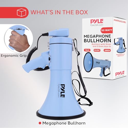 Pyle 50W Megaphone Bullhorn - Portable, Automatic Siren & Adjustable Volume,Projection Range Up to 1200 Square Yards, Aux Input, Talk, Siren, Music, Whistle, & Record, Shoulder Strap (Blue) by Pyle - Image 7