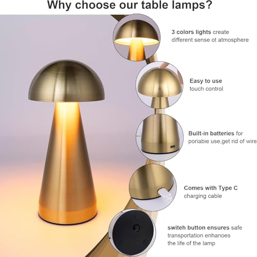 Image of Big Mushroom Gold Table Lamp with 3 Color Modes Warm Cool Natural Light, Stepless Dimming,1200 mAh Rechargeable Battery, Cordless LED Light, Premium Finish for Bedroom Bedside Desk Home Decor