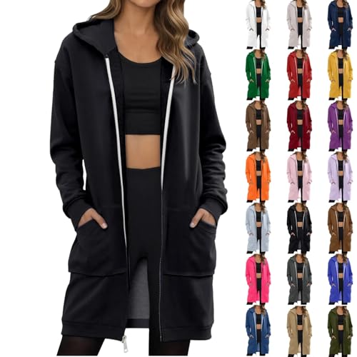 Zip Up Hoodie Women,Long Hoodies for Women Winter Clothing Casual Oversized Fleece Tunic Sweatshirts Black Trendy Fall Winter Clothes Zipper Jacket Coat,L