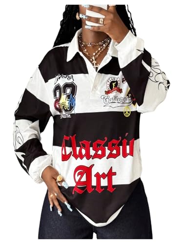 Image of RoseSeek Women's Color Block Graphic Jersey Shirt Long Sleeve Collared Golf T Shirts Y2K Tops Streetwear