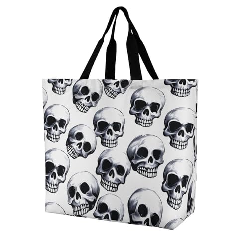 Black Skull Pattern on White Background Large Grocery Tote Bag Women Fashion Handbag Duty Reusable Shoulder Bag for Travel Vacation Shopping Beach Bags