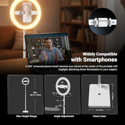 Image of NEEWER Entry Level Version 10 inch 7W LED Ring Light with Stand /Phone Holder Mount /3 Color Modes, 69 inch Telescopic Selfie Ringlight, Lighting for iPhone Streaming Makeup Lash Studio Video Recording, N18