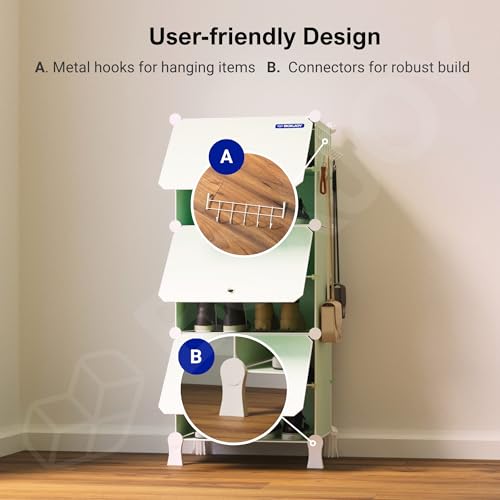 Image of BOXJOY 6 Shelf Shoe Rack with 3 Doors, Magnets, 5 Hook Steel Holder & Wooden Hammer for Home Storage PP Plastic Organizer with Metal Door Frame to Cover Chappal Slipper Sandals Shoes Box Stand (Green)