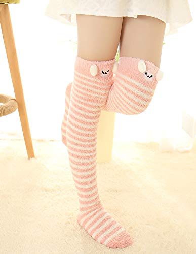 Image of Hotmiss Womens Thigh High Fuzzy Socks Cute Over the Knee Stockings Winter Warm Stripe Leg Warmers
