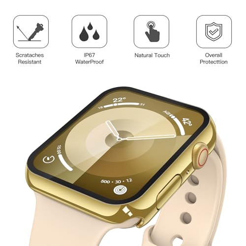 Image of Misxi [2 Pack] Waterproof Hard Case with Tempered Glass Compatible with Apple Watch Series 9 Series 8 Series 7 45mm, Ultra-Thin Cover for iWatch Screen Protector, 1 Gold + 1 Transparent