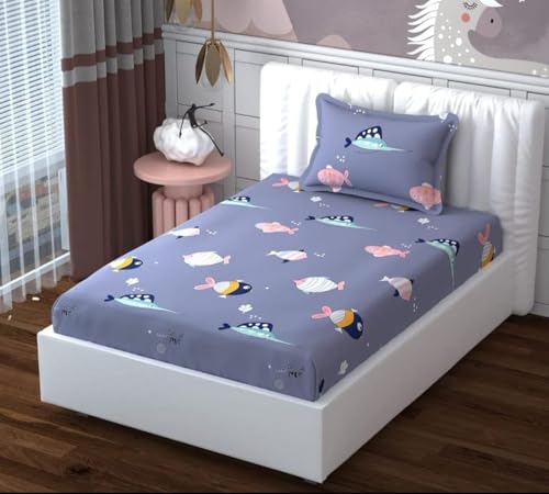 Image of Glace Cotton Single Bedsheet with 1 Pillow Cover | Soft, Durable, Lightweight & Skin-Friendly Fabric| Suitable for Single /Diwan Bed Size 4x6 feet (48x72 Inch) Fish