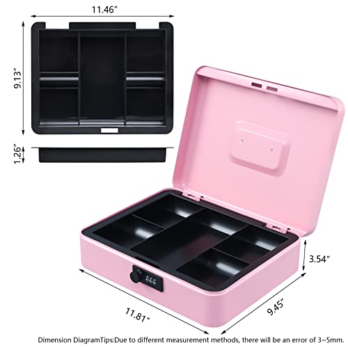 Image of KYODOLED Metal Cash Box with Combination Lock Money Box for Cash Safe Metal Box with Money Tray for Security Lock Box 11.81 inchx 9.45 inchx 3.54 inch Pink X Large