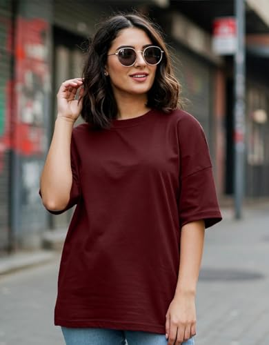 Image of JUNEBERRY Pure Cotton Oversized Baggy Fit Half Sleeve Drop Shoulder Plain Solid Round Neck T-Shirt for Women (Available in Black, White, Lilac, Cork, Maroon, Royal Blue, Swan White, Soap Nut Colors)