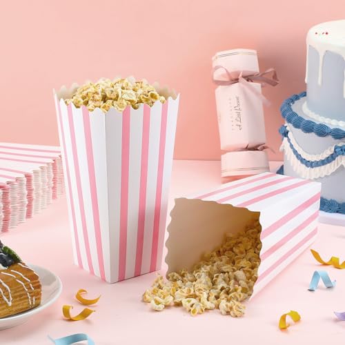 Image of Geyoga 48 Pcs Popcorn Boxes Bulk,Pink and White Striped,8 x 4 Inches