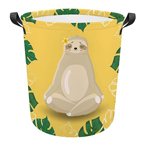 Sloth Meditates with Tropical Leaves Flowers on Yellow Collapsible Waterproof Laundry Hamper, Lightweight Washing Basket Bin Storage Organizer Bucket with Handles for Toys Clothes