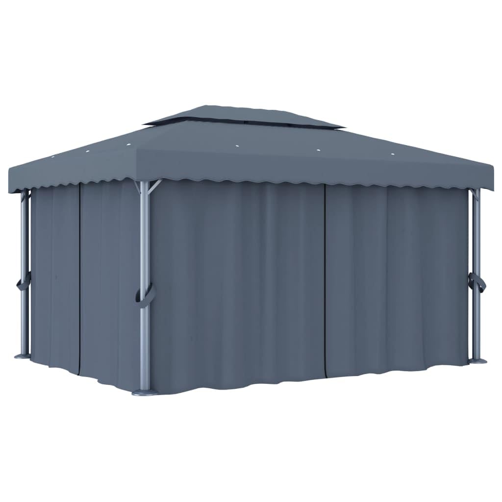 Pawilon ogrodowy 4 x 3 m, antracyt z zasłonami, łańcuch świetlny LED, aluminiowa rama, poliester z powłoką PA, idealny na taras, imprezę w ogrodzie, grillowanie i uroczystości