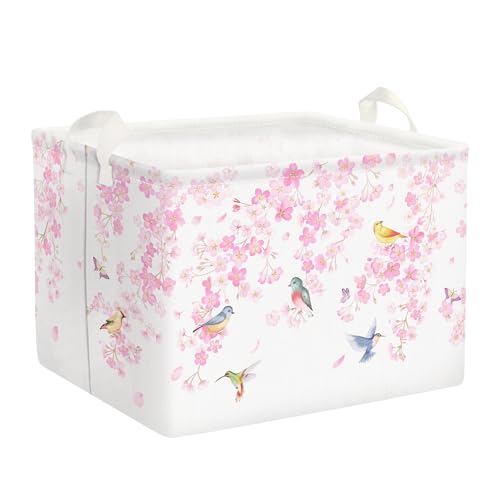 Clastyle Pink Blossom Cherry Baby Girl Basket Rectangle Clothes Toys Book Gift Storage Bin Spring Garden Bird Flower Shelf Basket