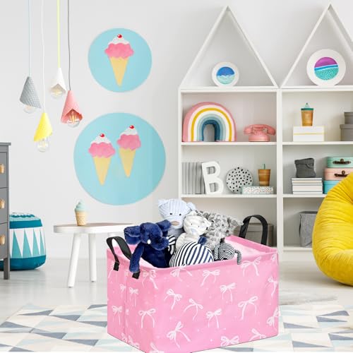 Image of Baby Storage Basket Nursery Box Laundry Hamper Organization Bins for Toys and Clothes with Handles (Pink Bow)
