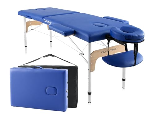QUIRUMED Camilla de Masaje Plegable de Aluminio Easy, Color Azul, 180 x 60 cm, Polipiel, Portátil, Ligera Cabezal extraíble, Orificio Facial, Altura Regulable, hasta 120 kg
