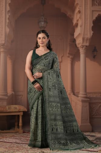 Image of TAMAIRA FASHION Off White Mulmul Pure Cotton Saree For Woman Warli Printed|Office Wear Daily Wear Sarees For Women Without Blouse Piece (Available in 21 Colours)