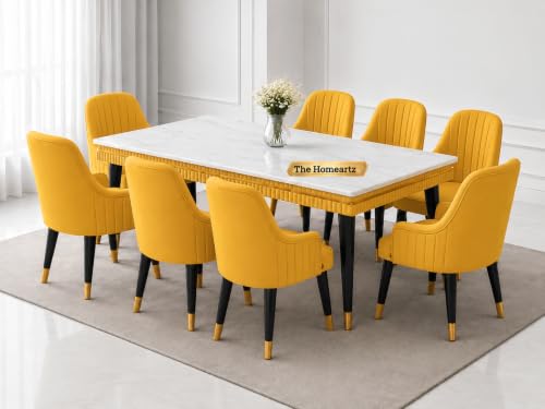 Image of Elara Modern Dining Table Set 8-Seater Wooden Dining Table Set | 1 Year Warranty | Nano Composite Marble Marble Top Table with 8 Chairs (Yellow)