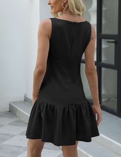 Womens Sleeveless Pleated Dress Girdling A Line Solid Color Pullover Round Neck Bow Zipper Back Mini Dress2