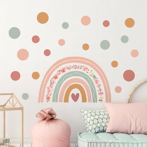Tanlaby Stickers Muraux Arc-en-ciel Autocollants Muraux Pois Bohèmes Sticker Mural Fleur Rose pour Chambre de Bébé Fille Pépinière D'enfant Décoration...