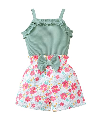 Image of Kucnuzki Toddler Baby Girl Clothes Sleeveless Tank Tops Ruffle Halter Shirts Floral Shorts 2 Piece Set Summer Outfits