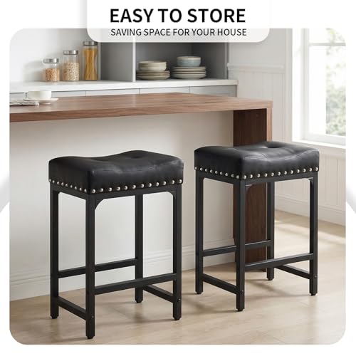 Image of Bar Stools Set of 3, Counter Height Bar Stools for Kitchen Island, 24 Inch Black Saddle Backless Barstools, Counter Height Stools with Thick Saddle Seats & Metal Base, Black