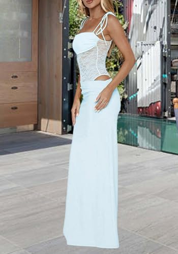 Image of Unybwonn Lace Maxi Dress Sexy Sheer Sleeveless Bodycon Mesh Long Dresses Cut Out Spaghetti Strap Wedding Guest Dress