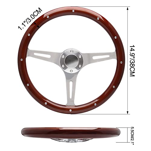 15" Classic Wood Grain Steering Wheel Riveted Light Wood Grip Universal Automotive Steering Wheels Slotted 3 Spoke with Horn Button