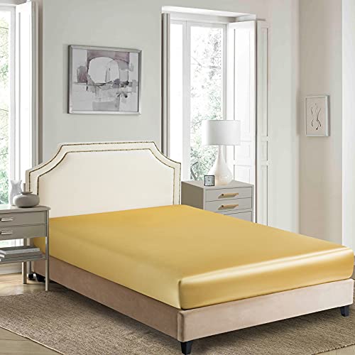 Satin Fitted Sheet, King Fitted Sheet Only, 1 - Piece Ultra Soft Deep Pocket Single Silk Bottom Bed Sheet King - Gold #TOP1