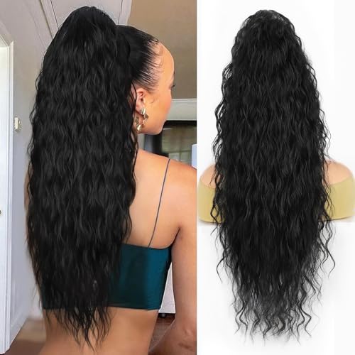 Rosooi 26 Inch Long Black Drawstring Ponytail Extension for Women Synthetic Long Curly Wavy Clip in Ponytail Hair Extensions for Daily Party Use (26 Inch, Black)