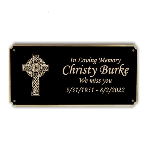 GetUrns Custom Engraved Memorial Plaque I Celtic Cross Black and Gold Brass Door Name Plate I Grave Marker I Garden Plaque