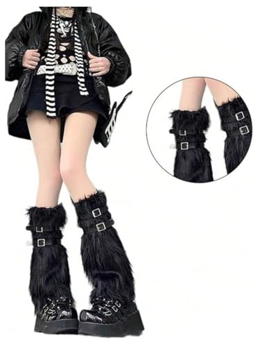WDIRARA Women's Fuzzy Leg Warmers Buckle Faux Fur Long Boot Cuffs Covers Y2k Goth Socks3