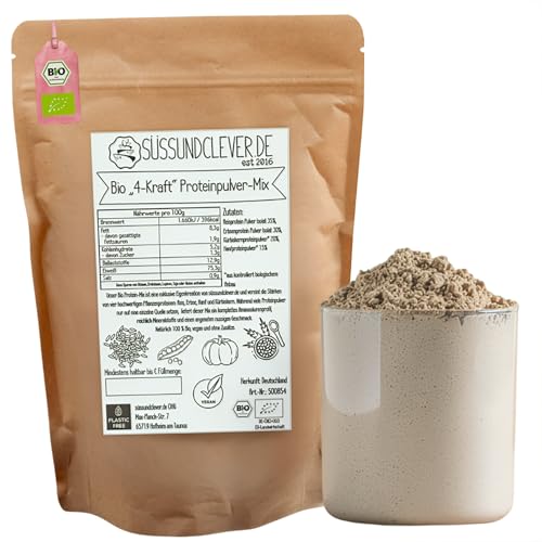 süssundclever.de® Bio '4-Kraft' Proteinpulver-Mix | 1,0 kg | vegan | 75% Protein | Reisprotein, Erbseprotein, Hanfprotein & Kürbiskernprotein