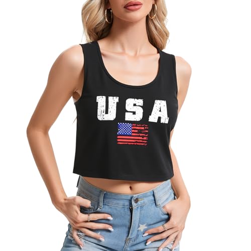 LEACOOLKEY Women's American Flag Crop Tank 4th of July Patriotic Sleeveless Tee Tops