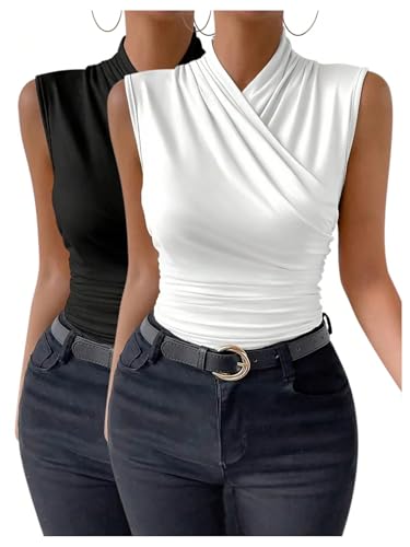 SOLY HUX Women's 2 Piece Tank Tops Ruched Wrap Mock Neck Sleeveless Slim Fit Casual Summer Top4
